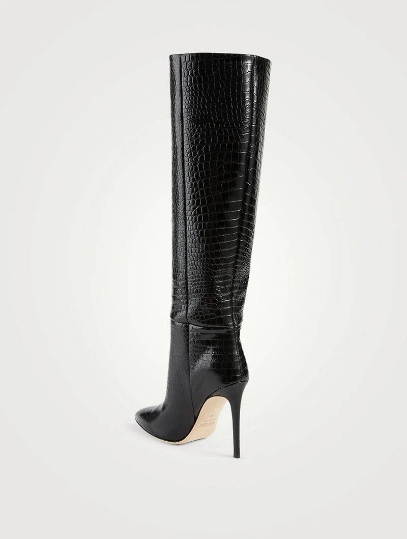 Croc-Embossed Leather Heeled Knee-High Boots