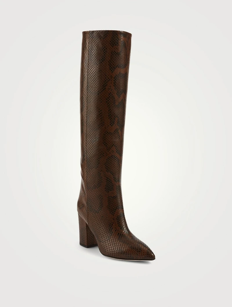 Leather Heeled Knee-High Boots Python Print