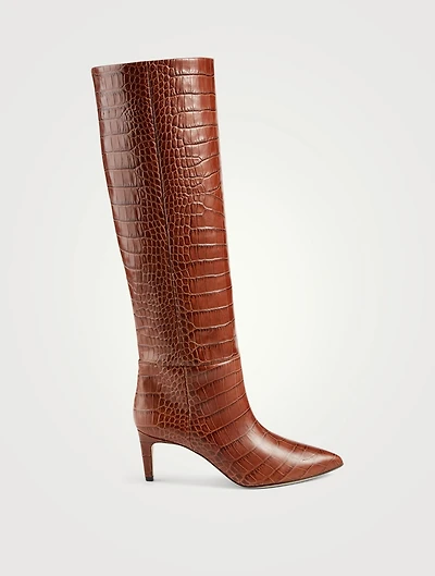 Croc-Embossed Leather Heeled Knee-High Boots