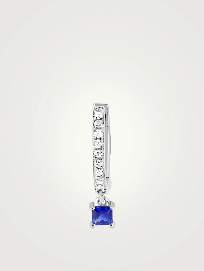 14K White Gold Huggie Hoop Earring With Diamonds And Blue Sapphire Drop