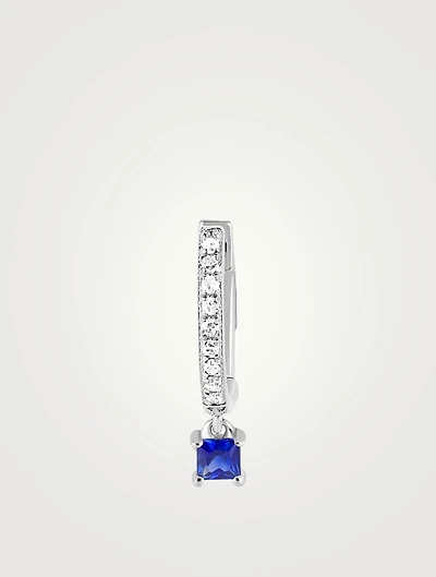 14K White Gold Huggie Hoop Earring With Diamonds And Blue Sapphire Drop