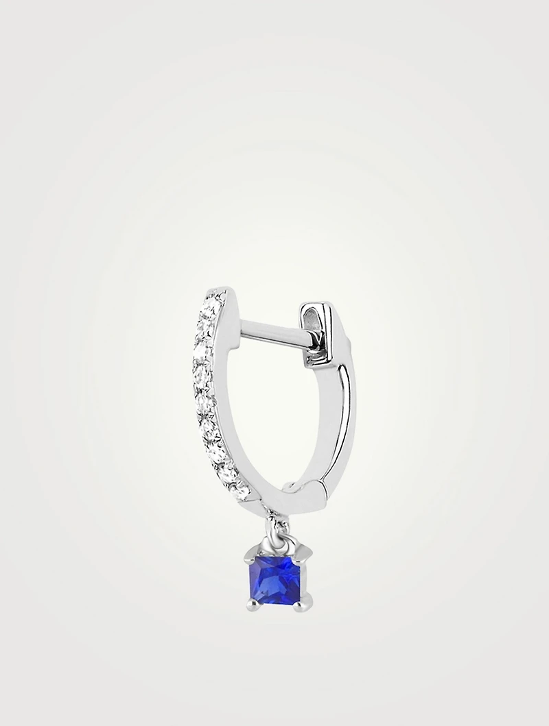 14K White Gold Huggie Hoop Earring With Diamonds And Blue Sapphire Drop