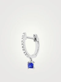 14K White Gold Huggie Hoop Earring With Diamonds And Blue Sapphire Drop