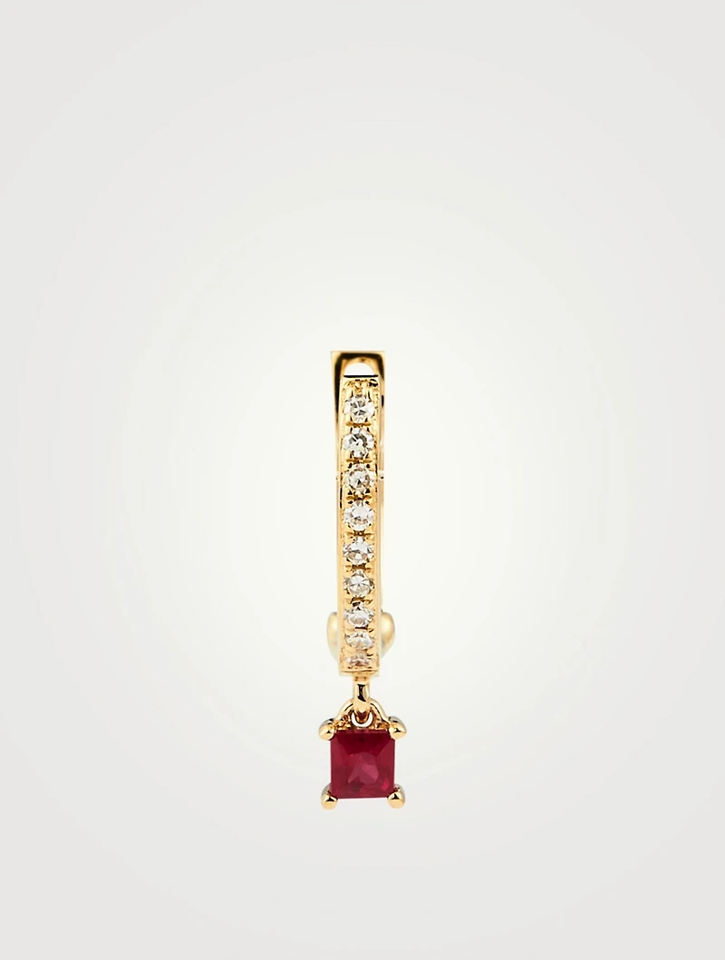 14K Gold Huggie Hoop Earring With Diamonds And Ruby Drop