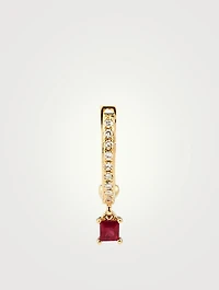 14K Gold Huggie Hoop Earring With Diamonds And Ruby Drop