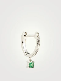 14K White Gold Huggie Hoop Earring With Diamonds And Tsavorite Drop