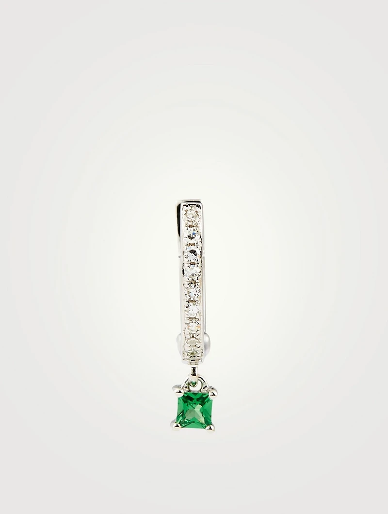 14K White Gold Huggie Hoop Earring With Diamonds And Tsavorite Drop