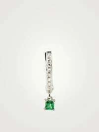 14K White Gold Huggie Hoop Earring With Diamonds And Tsavorite Drop