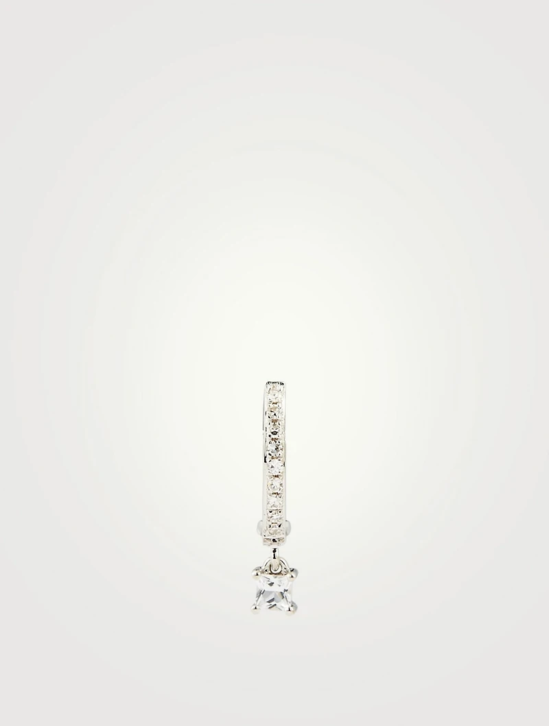 14K White Gold Huggie Hoop Earring With Diamonds And White Quartz Drop
