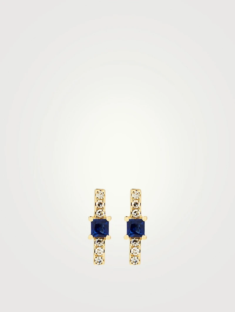 14K Gold Bar Stud Earrings With Diamonds And Blue Sapphire