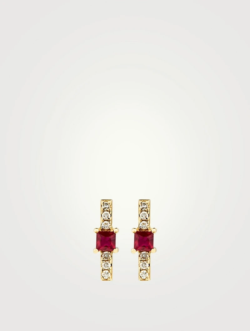 14K Gold Bar Stud Earrings With Diamonds And Ruby