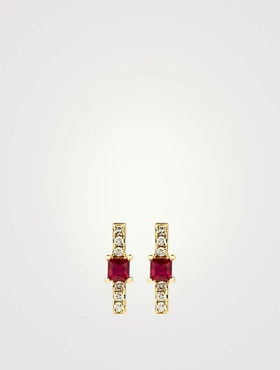 14K Gold Bar Stud Earrings With Diamonds And Ruby