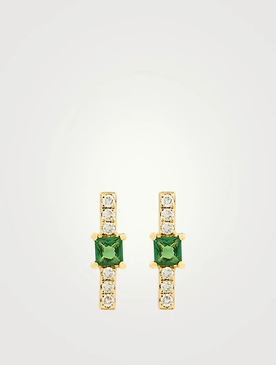 14K Gold Bar Stud Earrings With Diamonds And Tsavorite
