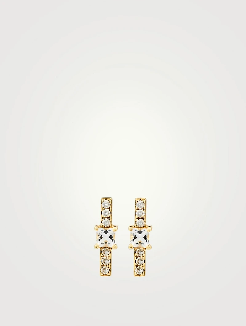 14K Gold Bar Stud Earrings With Diamonds And White Quartz