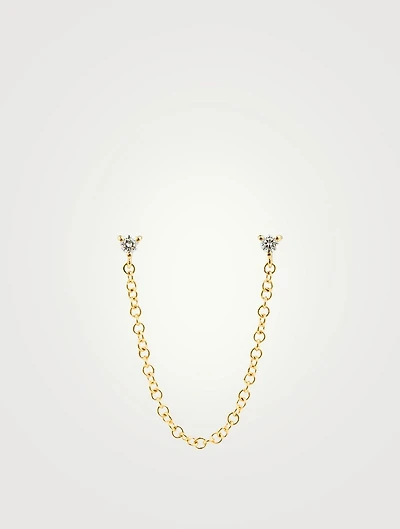 14K Gold Double Stud Chain Earring With Diamonds