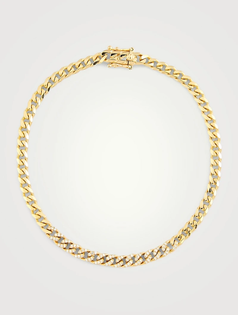 Mini 14K Gold Curb Chain Bracelet With Diamonds