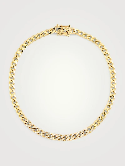 Mini 14K Gold Curb Chain Bracelet With Diamonds