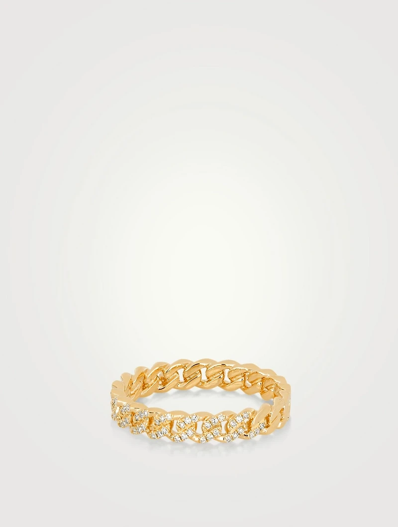 Mini 14K Gold Curb Chain Ring With Diamonds
