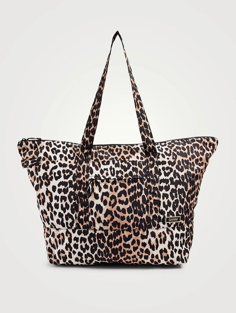 Recycled Tech Fabric Packable Tote Bag In Leopard Print
