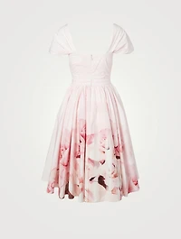 Cotton Knot Cap-Sleeve Midi Dress Rose Print