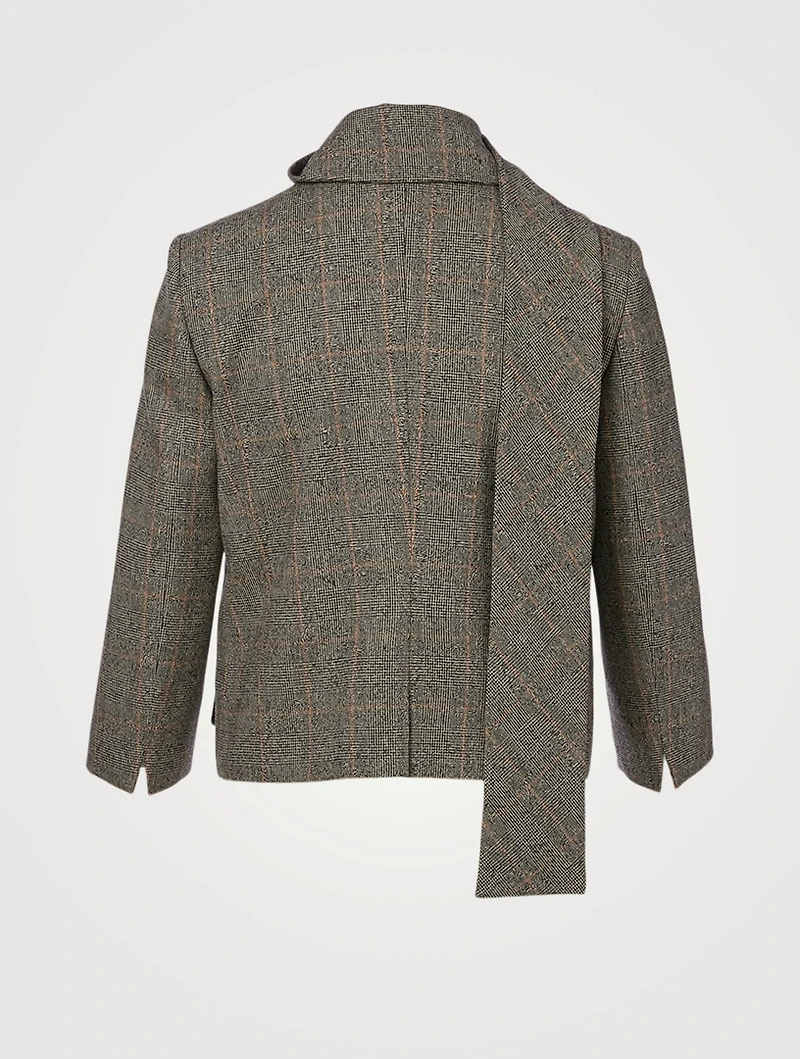 Wool Stretch Scarf-Neck Jacket Prince of Wales Print