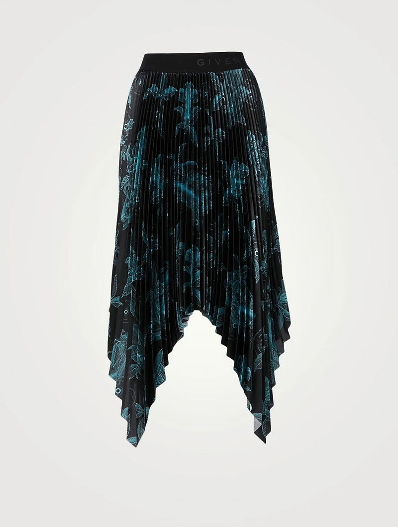 Pleated Technical Fabric Handkerchief Midi Skirt Floral Schematics Print
