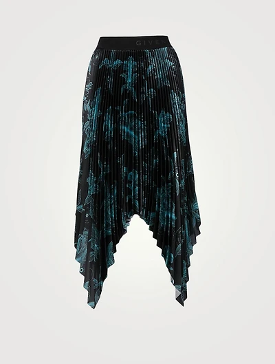 Pleated Technical Fabric Handkerchief Midi Skirt Floral Schematics Print