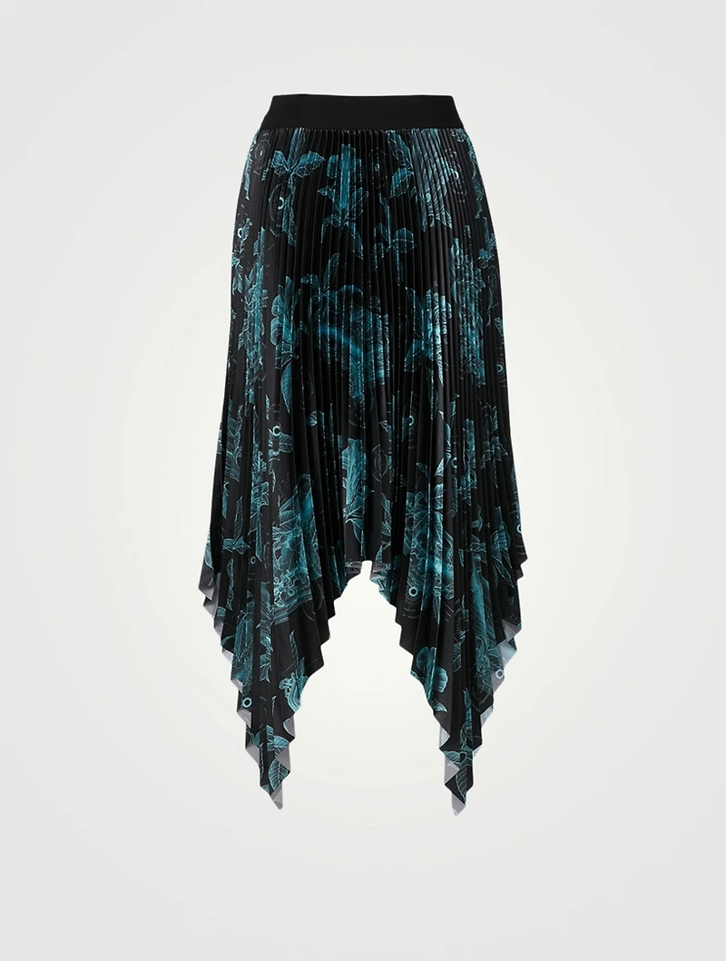 Pleated Technical Fabric Handkerchief Midi Skirt Floral Schematics Print