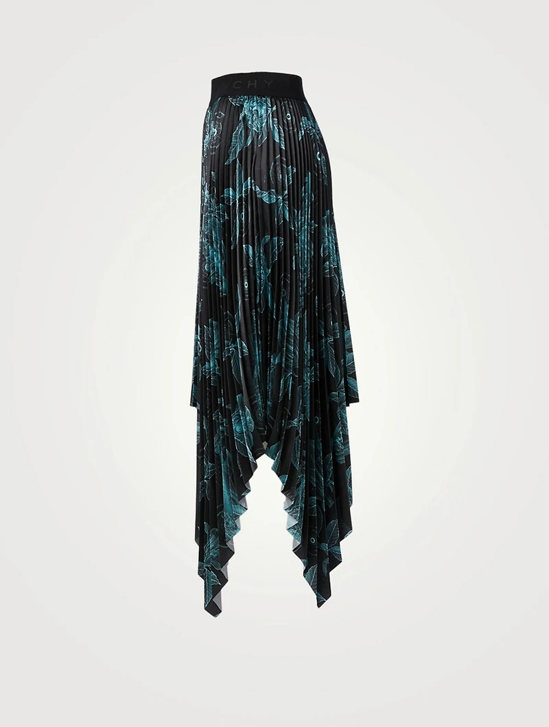 Pleated Technical Fabric Handkerchief Midi Skirt Floral Schematics Print