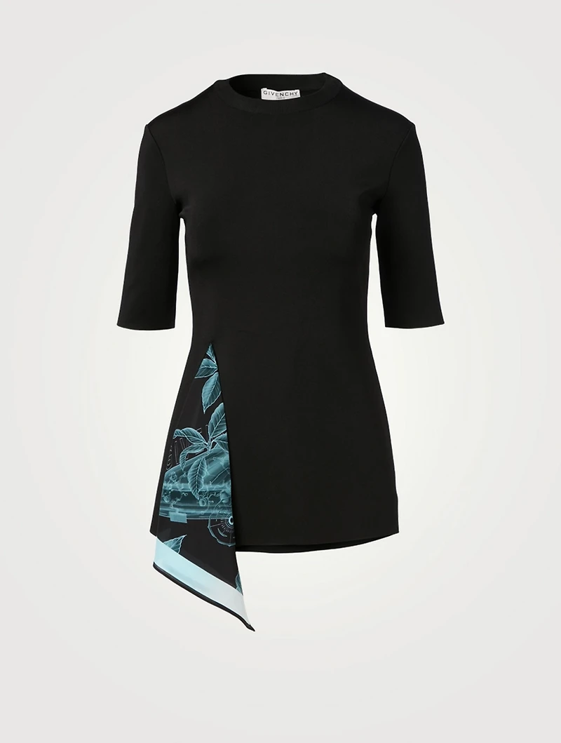 Knit Short Sleeve Top With Floral Schematics Print Godet