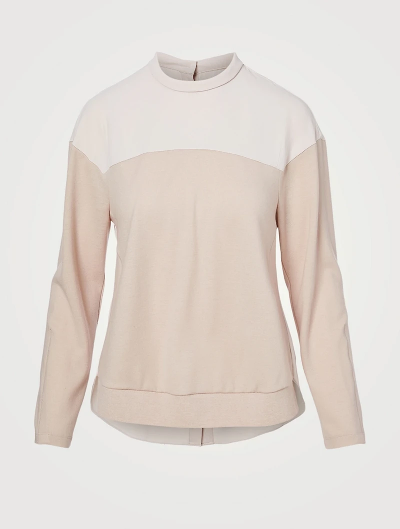 Wool-Blend Back Button Long-Sleeve Top