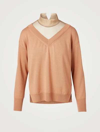 Tulle-Turtleneck Layered Wool-Blend V-Neck Sweater