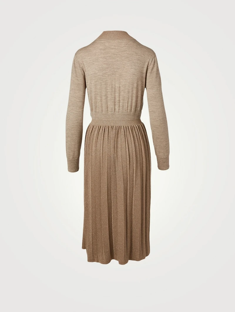 Metallic Pleated Wool-Blend Knit Long-Sleeve Midi Dress