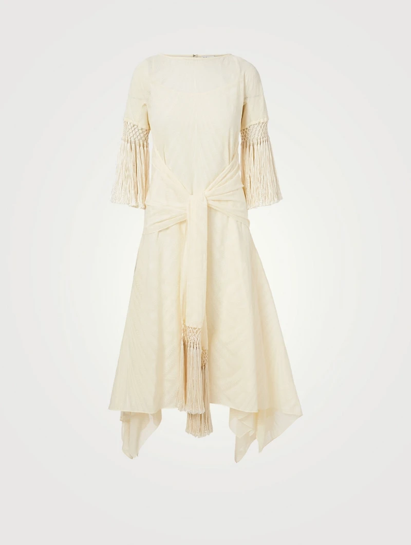 Scarf Fringed Cotton Midi Dress