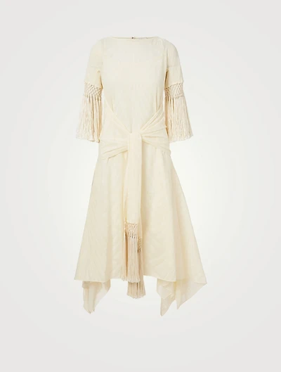 Scarf Fringed Cotton Midi Dress