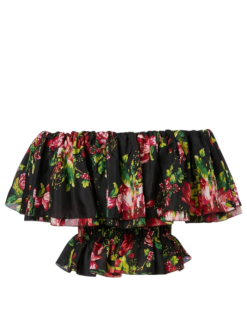 Silk Off-The-Shoulder Blouse Floral Print