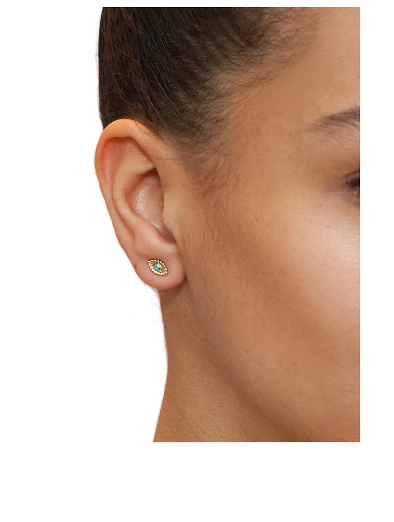 Dew Drop Gold Evil Eye Stud Earrings With Sleeping Beauty Turquoise