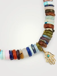 Rainbow Heishi Beaded Bracelet With Diamond & Turquoise Hamsa Hand Charm