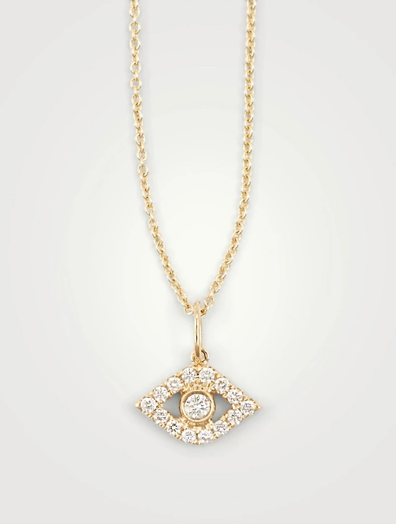 14K Gold Chain Necklace With Large Bezel Diamond Evil Eye Charm