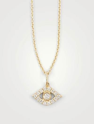 14K Gold Chain Necklace With Large Bezel Diamond Evil Eye Charm