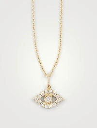 14K Gold Chain Necklace With Large Bezel Diamond Evil Eye Charm