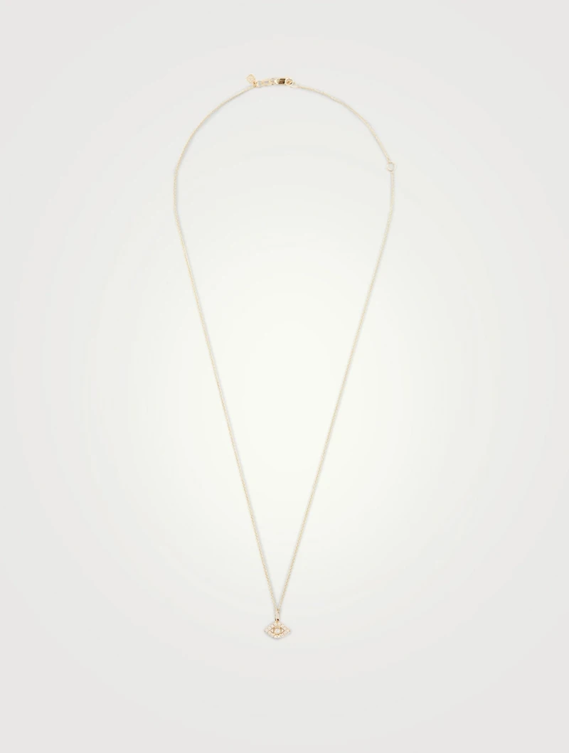 14K Gold Chain Necklace With Large Bezel Diamond Evil Eye Charm