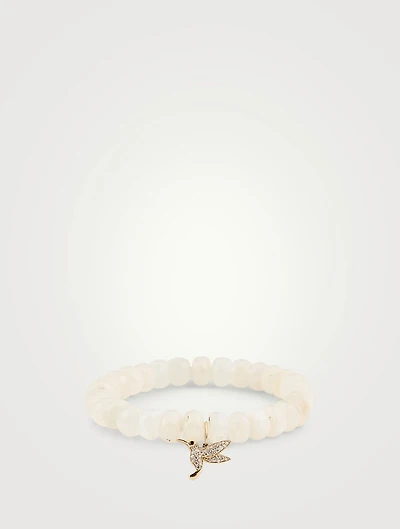 Rainbow Moonstone Beaded Bracelet With 14K Gold Diamond & Sapphire Hummingbird Charm
