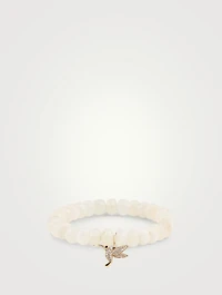 Rainbow Moonstone Beaded Bracelet With 14K Gold Diamond & Sapphire Hummingbird Charm