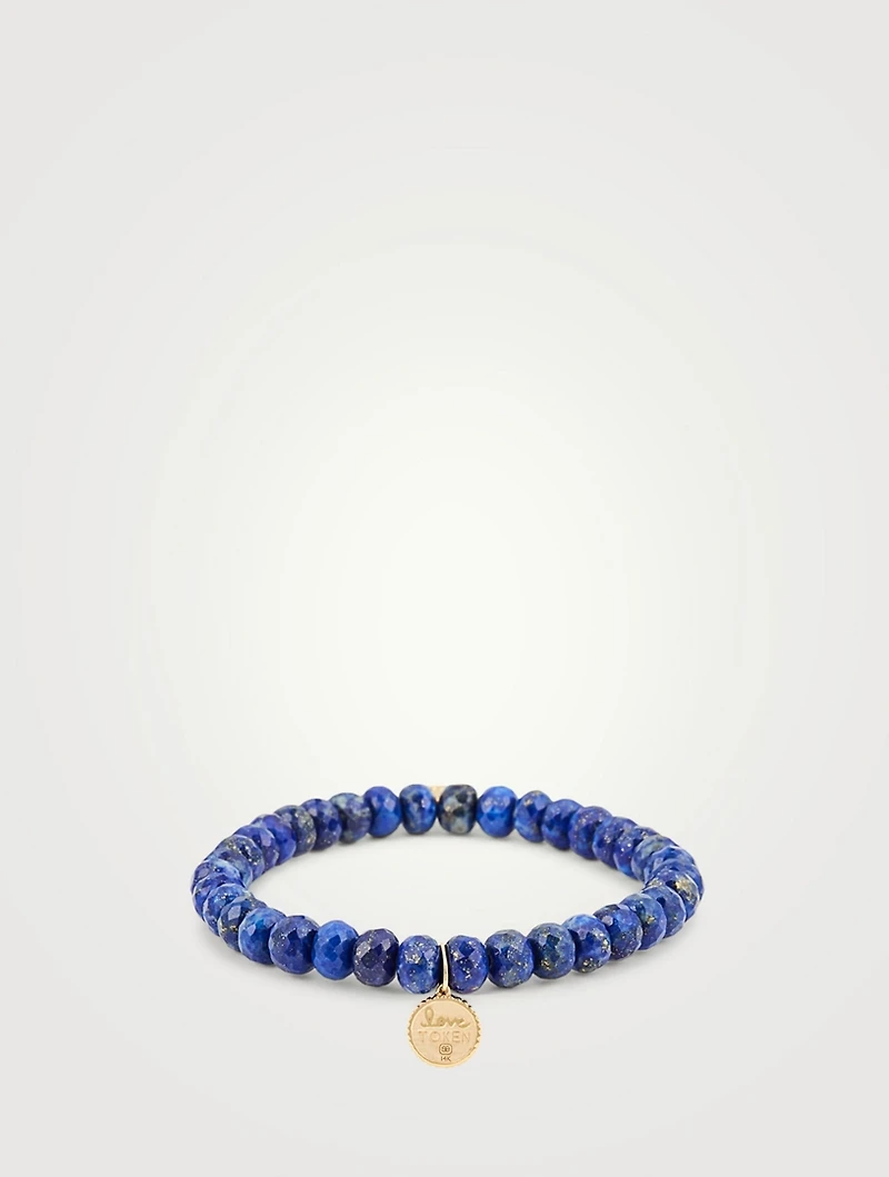Lapis Beaded Bracelet With Tiny 14K Gold Diamond Sitting Buddha Coin