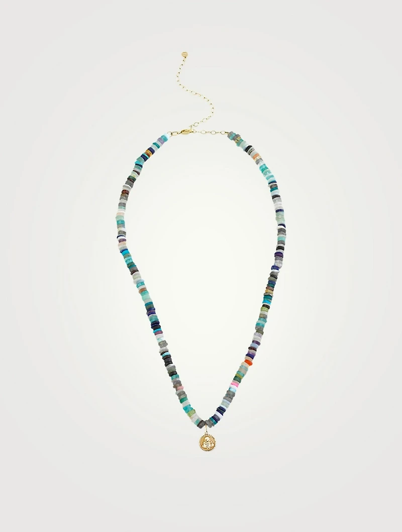 Beaded Necklace With 14K Gold Diamond Buddha Coin