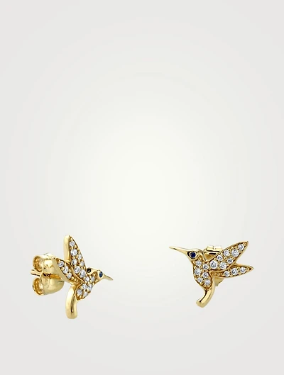 14K Gold Hummingbird Earrings With Diamonds