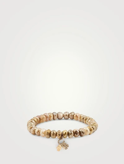 Golden Moonstone Beaded Bracelet With 14K Gold Diamond Lucky Charms