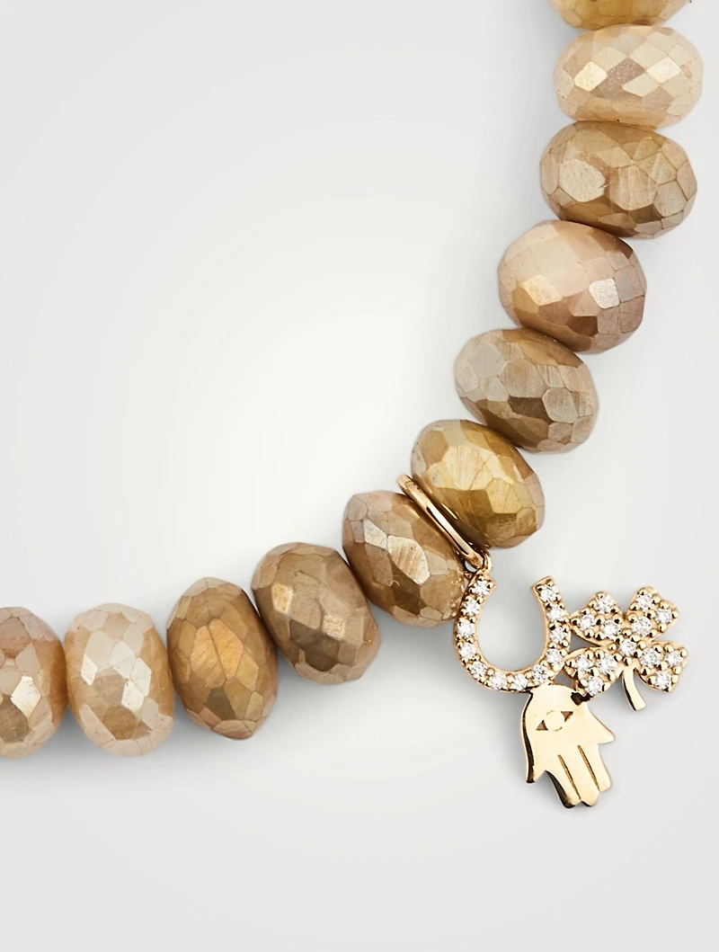 Golden Moonstone Beaded Bracelet With 14K Gold Diamond Lucky Charms
