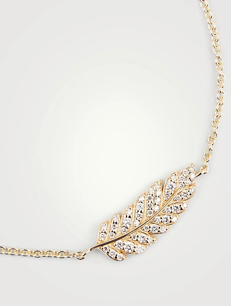 14K Gold Feather Chain Bracelet With Diamonds